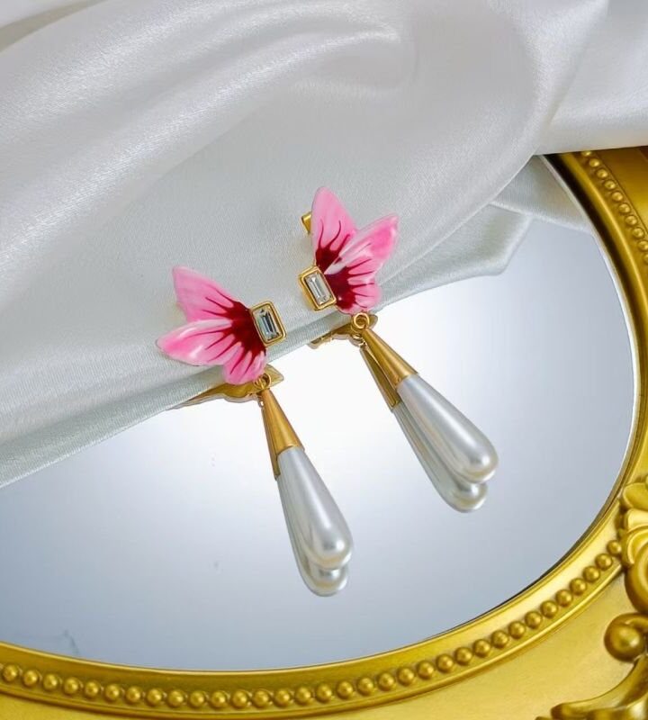 Pink French Butterfly Pearl Tassel Drop Earrings