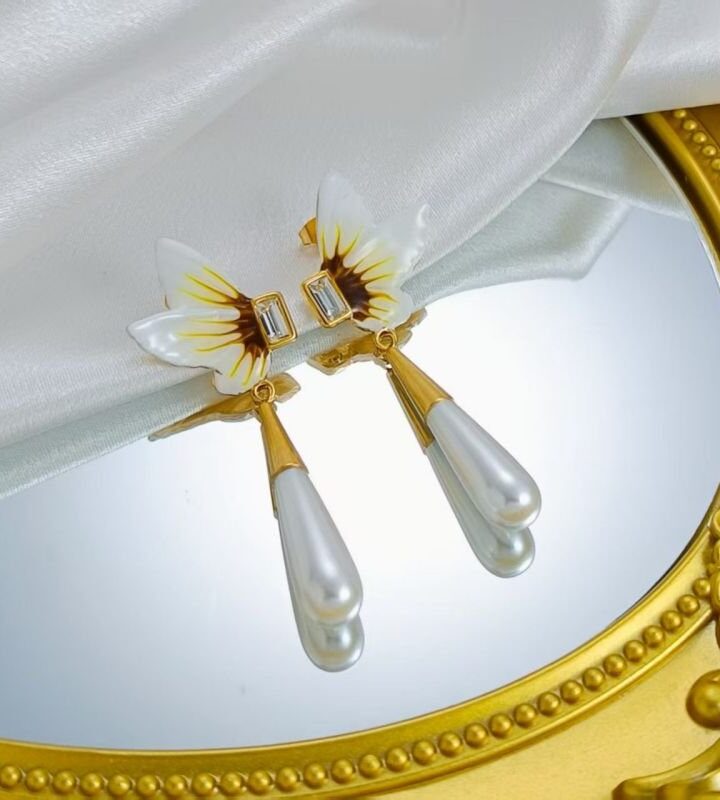 Yellow French Butterfly Pearl Tassel Drop Earrings