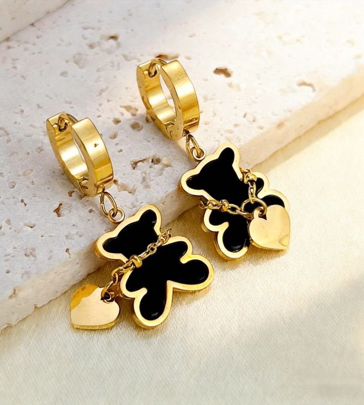 Gold And Black Minimalist Heart Bear Colorful Stud Earrings