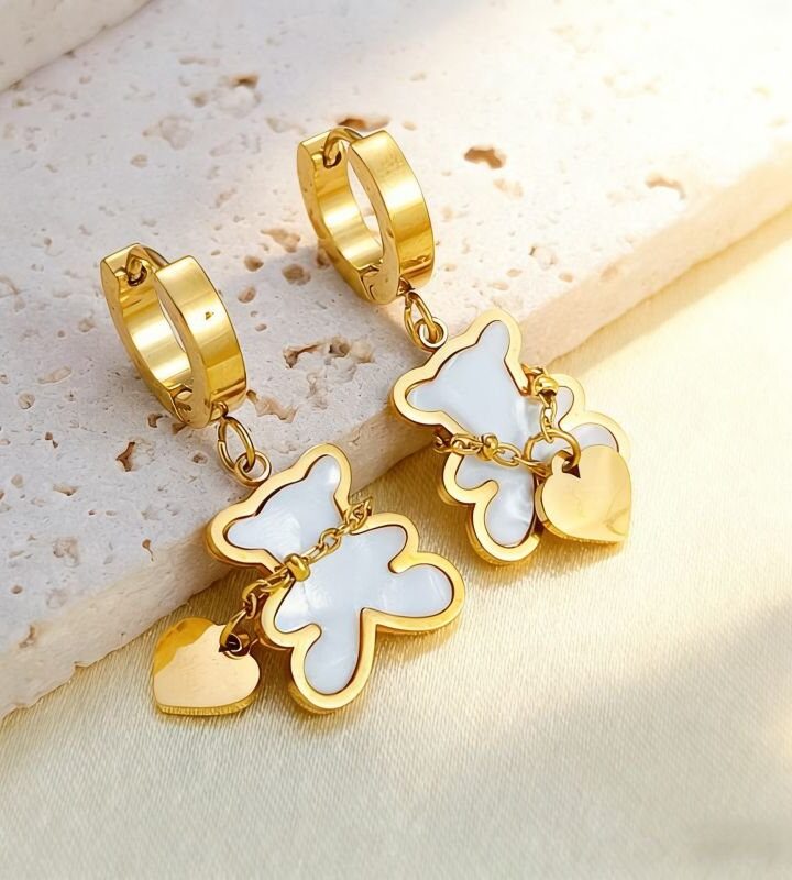 Golden White Minimalist Heart Bear Colorful Stud Earrings