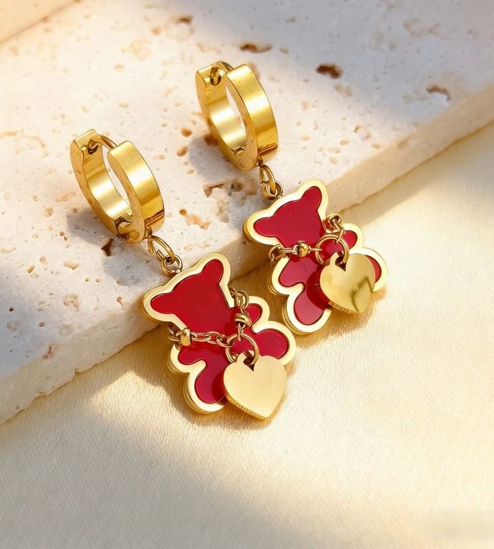 Golden Red Minimalist Heart Bear Colorful Stud Earrings