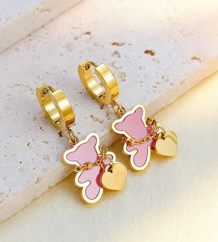 Gold Pink Minimalist Heart Bear Colorful Stud Earrings