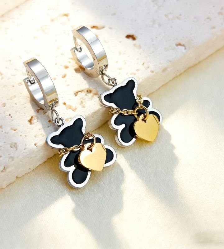 Silver Black Minimalist Heart Bear Colorful Stud Earrings