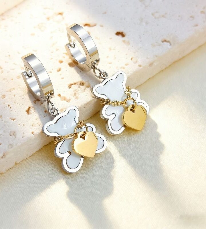 Silver-white Minimalist Heart Bear Colorful Stud Earrings