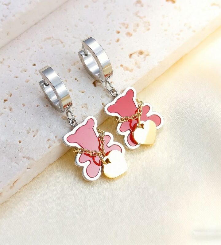 Silver Red Minimalist Heart Bear Colorful Stud Earrings