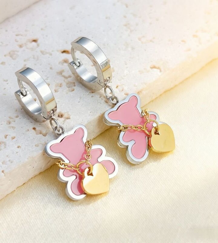 Silver Pink Minimalist Heart Bear Colorful Stud Earrings