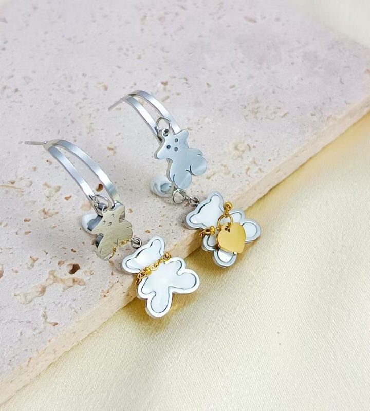 Silver Twin Bears Minimalist Heart Bear Colorful Stud Earrings