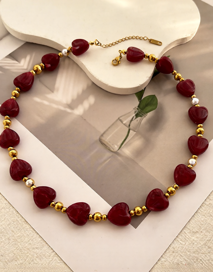 Red Heart Shaped Beaded Necklace