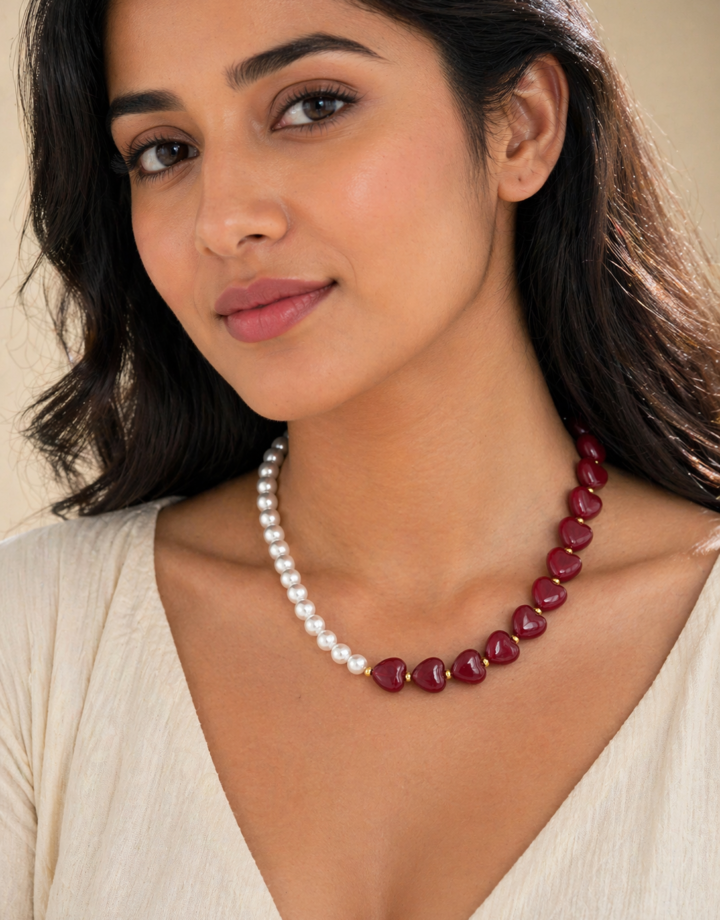 Red Heart Shaped Pearl Beaded Necklace