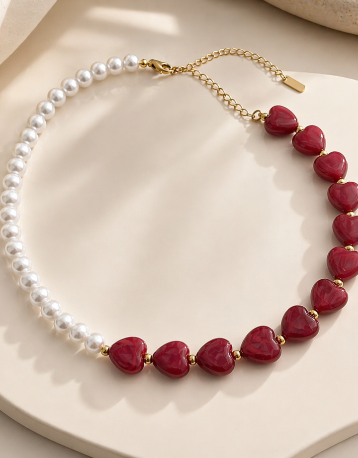 Red Heart Shaped Pearl Beaded Necklace