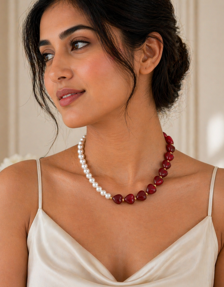 Red Heart Shaped Pearl Beaded Necklace