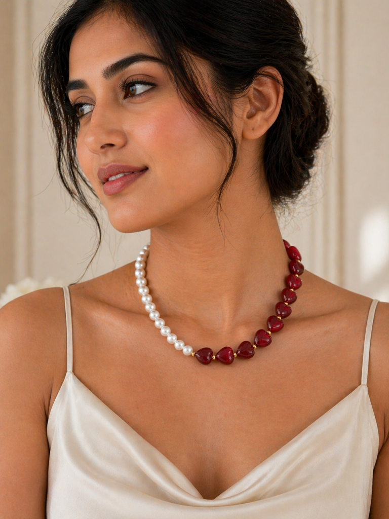 Red Heart Shaped Pearl Beaded Necklace