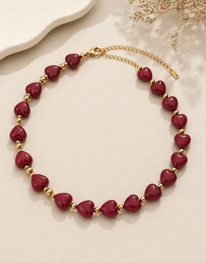 Red Heart Shaped Beaded Necklace
