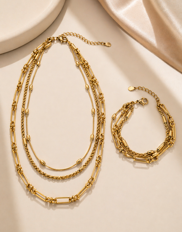 18k Gold Plated Multi-layer Paperclip Chain Necklace + Bracelet Set