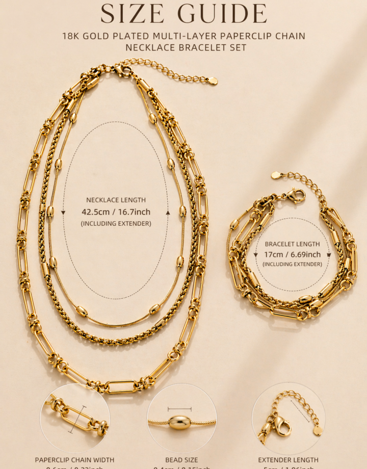 18k Gold Plated Multi-layer Paperclip Chain Necklace + Bracelet Set