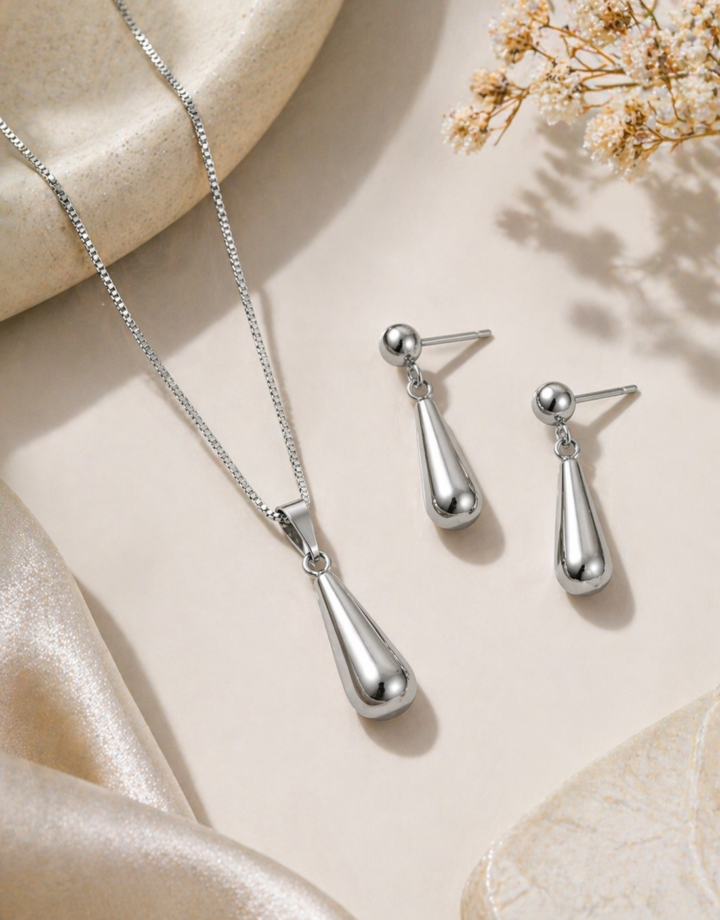 Waterdrop Tassel Jewelry Set - Necklace + Earrings - Silver