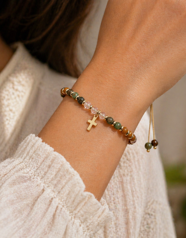 Cross Colorful Natural Stone Beaded Cross Bracelet
