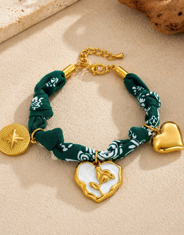 Heart And Flower Fabric Bracelet