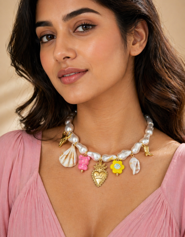 Heart + Shell + Cow Head Imitation Pearl And Copper Bead Necklace