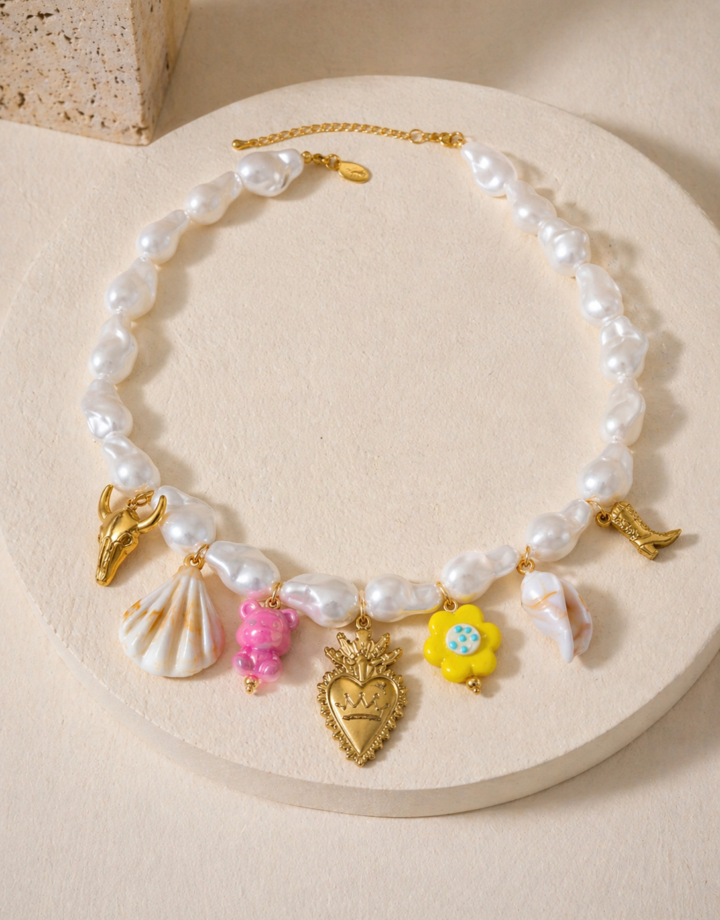 Heart + Shell + Cow Head Imitation Pearl And Copper Bead Necklace