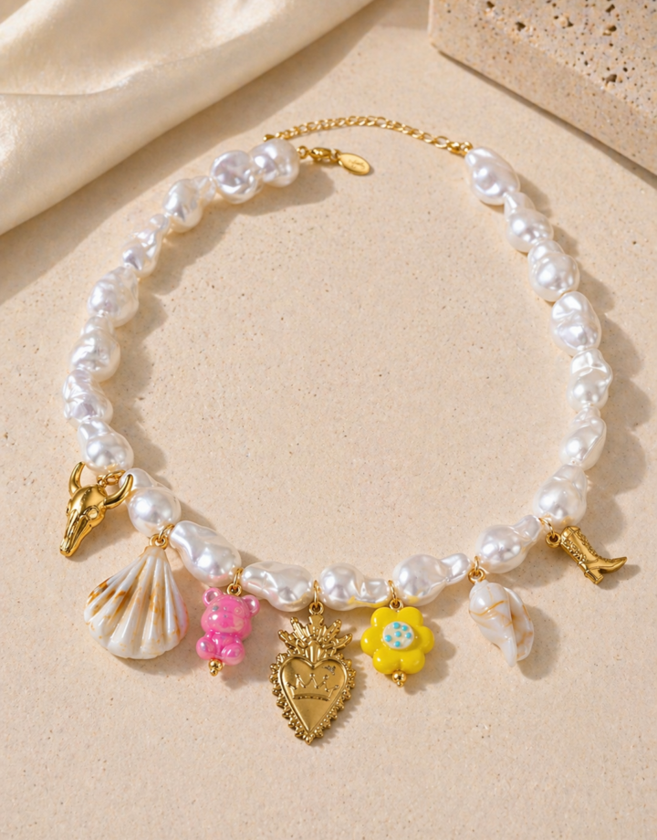 Heart + Shell + Cow Head Imitation Pearl And Copper Bead Necklace
