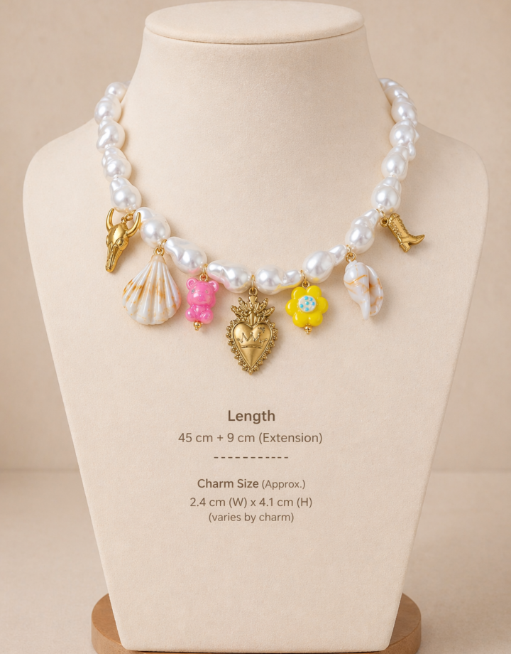 Heart + Shell + Cow Head Imitation Pearl And Copper Bead Necklace
