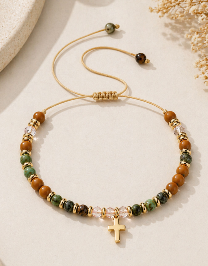 Cross Colorful Natural Stone Beaded Cross Bracelet