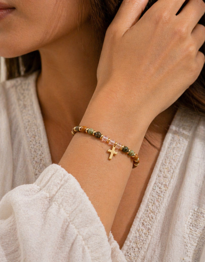 Cross Colorful Natural Stone Beaded Cross Bracelet