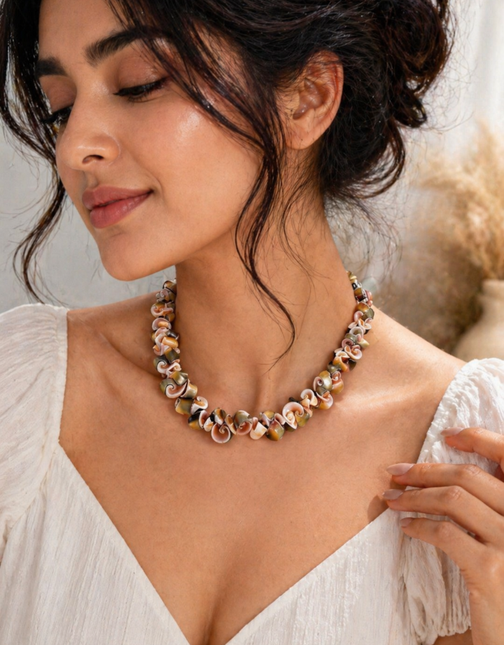 Silver Brown Maillard Style Irregular Shell Choker Necklace