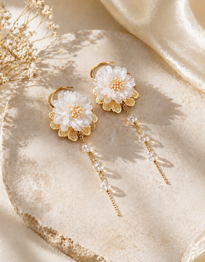 Gold French Fabric Flower Silver Needle Pearl Earrings