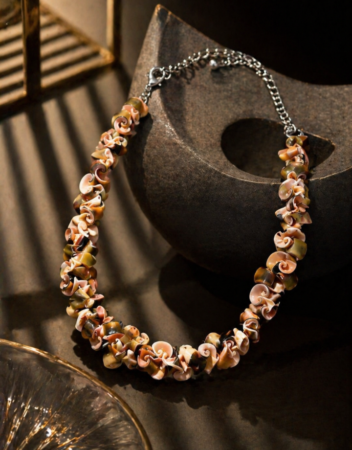 Silver Brown Maillard Style Irregular Shell Choker Necklace