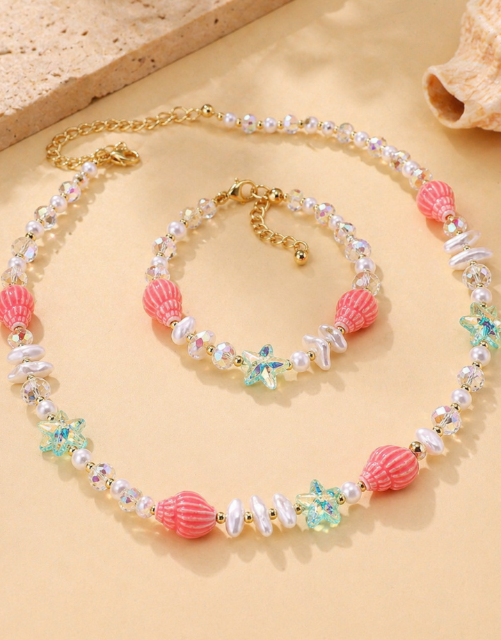 Pink Conch Set Pearl Beaded Shell Conch Necklace + Bracelet Set