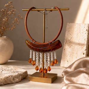 Brown Leather Acrylic Pearl Tassel Necklace