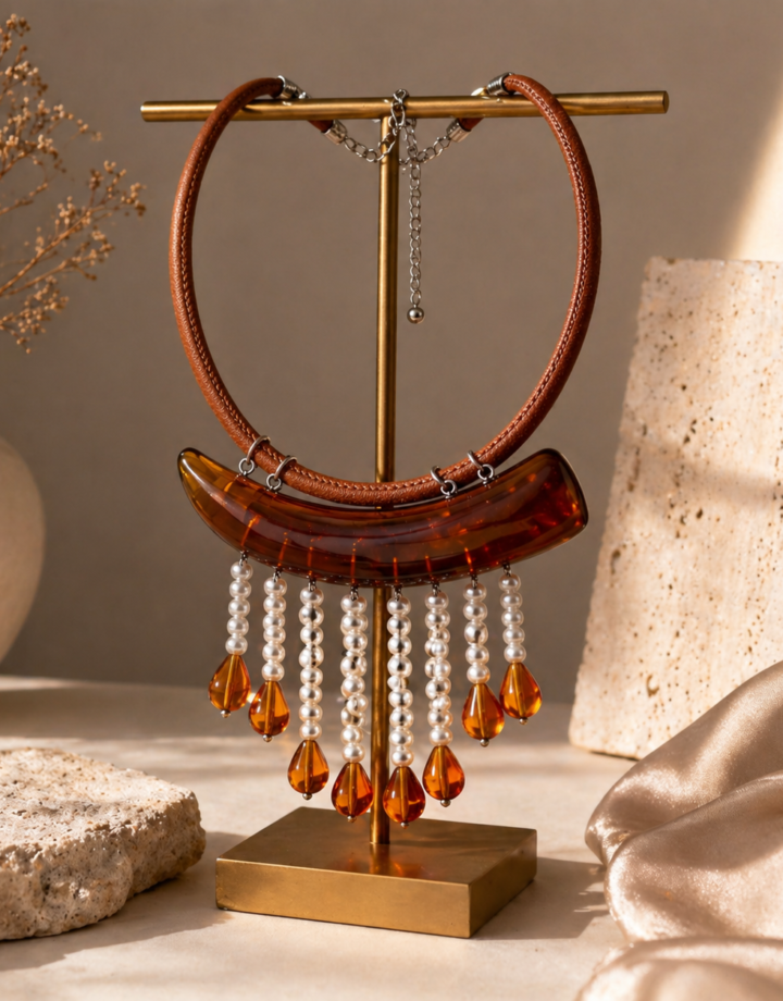 Brown Leather Acrylic Pearl Tassel Necklace