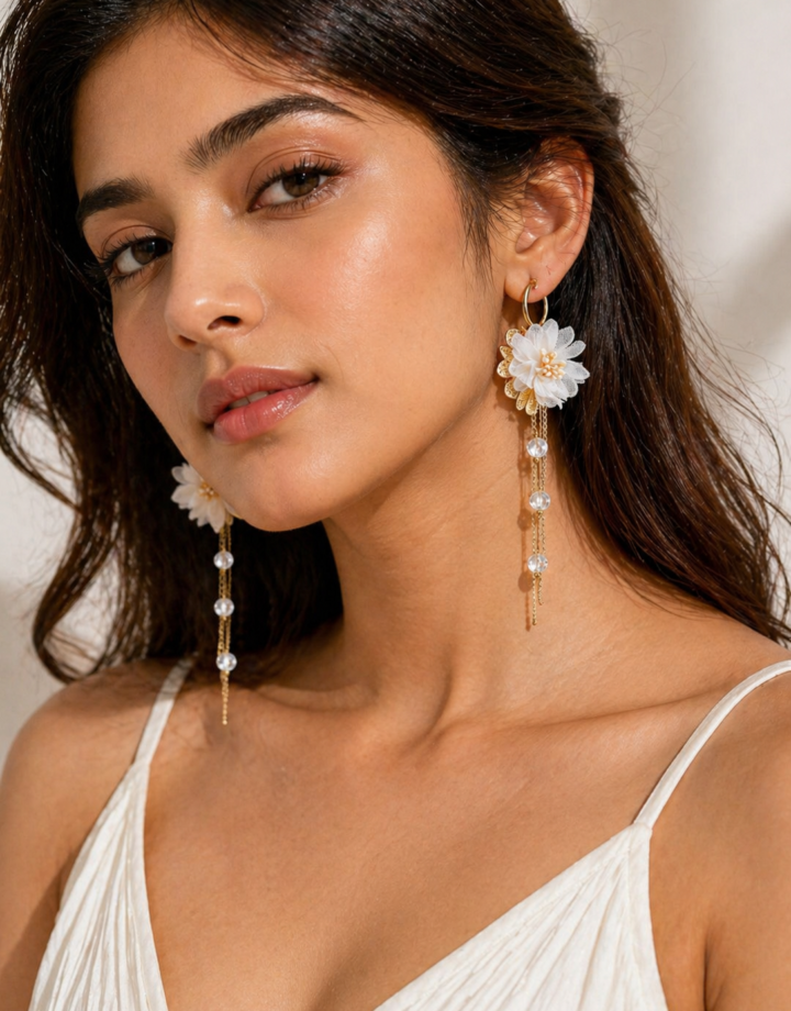 Gold French Fabric Flower Silver Needle Pearl Earrings