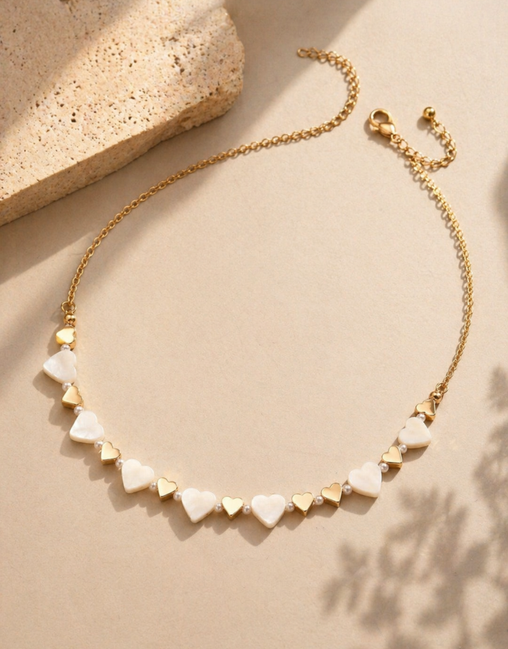 White Mop Heart Beaded Necklace