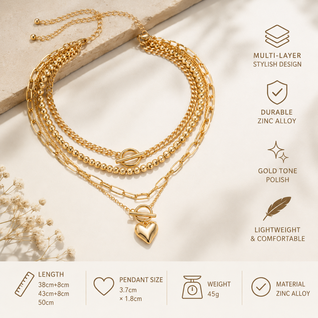 Golden Heart Shaped Beaded Multi-layer Necklace