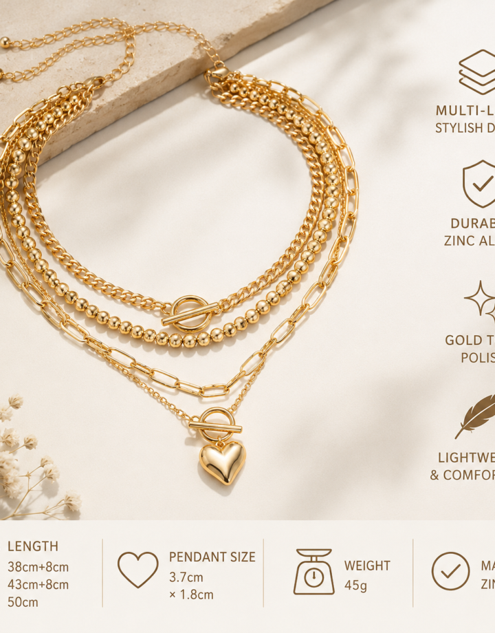 Golden Heart Shaped Beaded Multi-layer Necklace