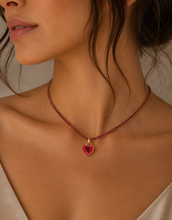 Rose Red Colorful Zircon Heart Gold Plated Claw Necklace