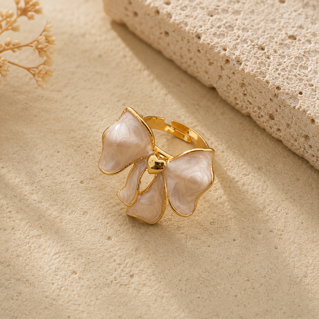 Beige Metal Bow Ring