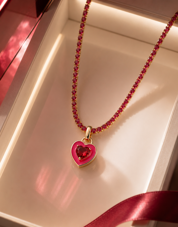 Rose Red Colorful Zircon Heart Gold Plated Claw Necklace