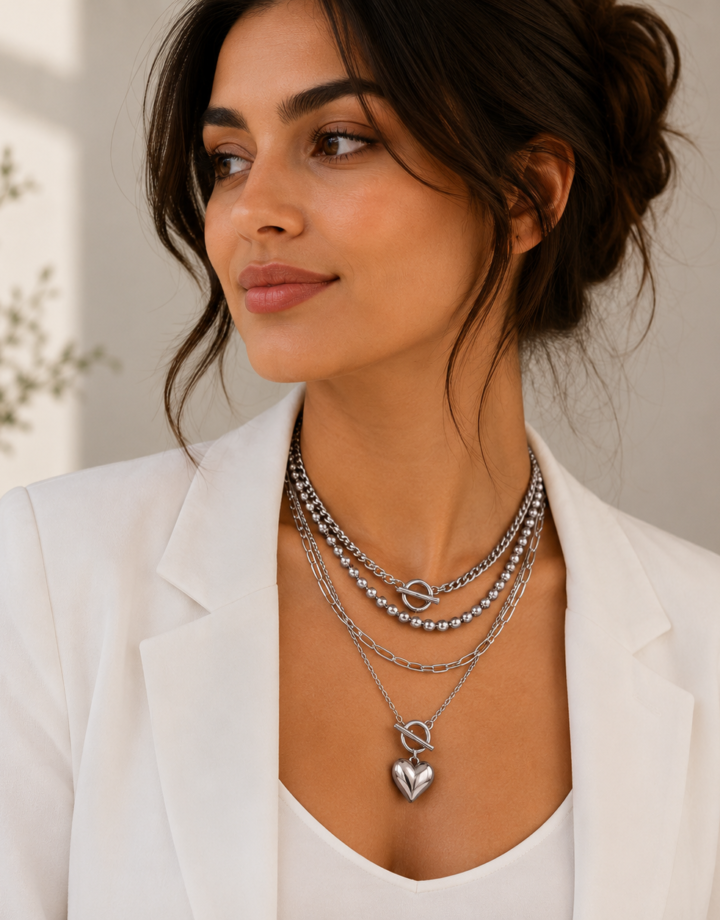 White love Heart-shaped Beaded Multi-layer Necklace
