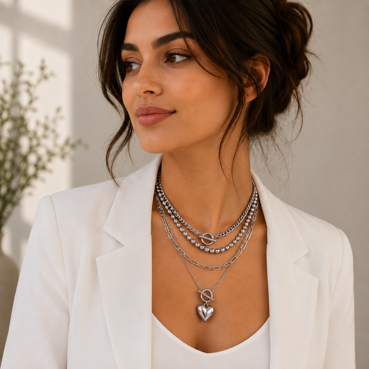 White love Heart-shaped Beaded Multi-layer Necklace - Image 5