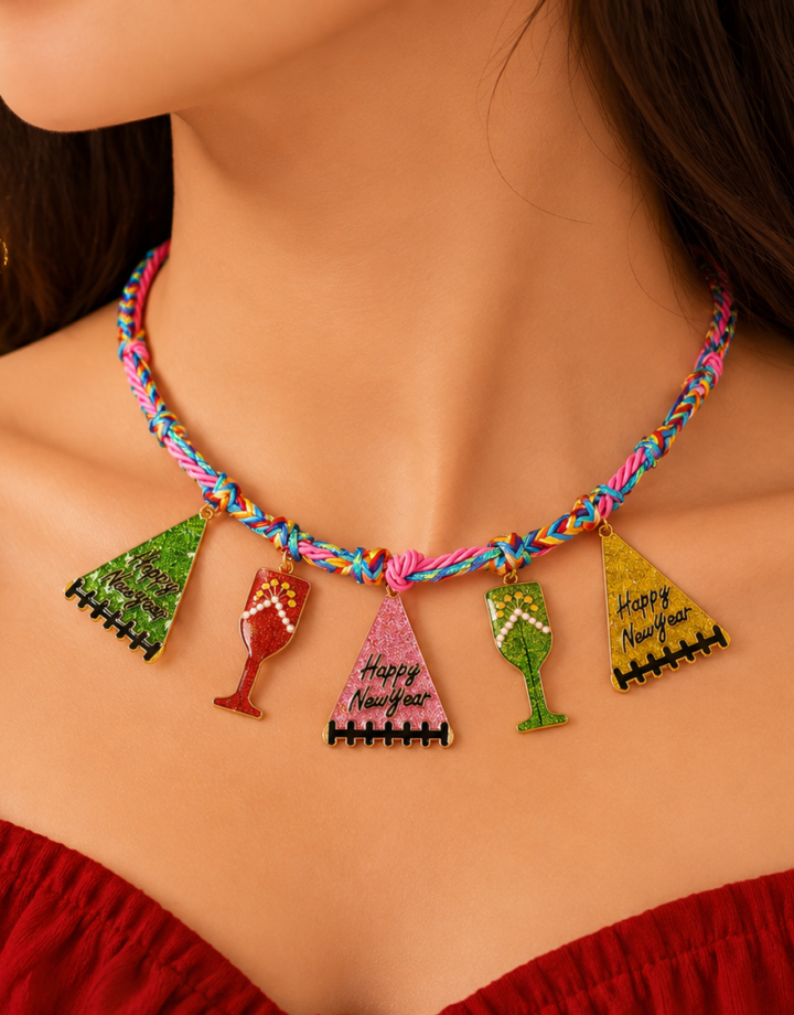 Colorful Braided Alloy Christmas Tree Wine Glass Necklace