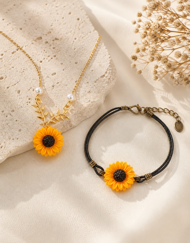 Daisy Sunflower Necklace + Leather Rope Bracelet