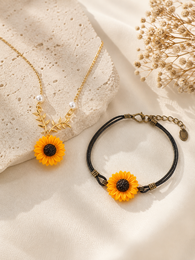 Daisy Sunflower Necklace + Leather Rope Bracelet