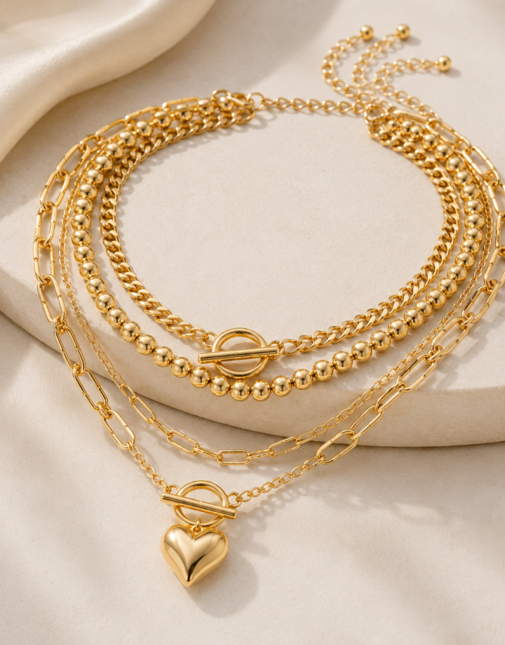 Golden Heart Shaped Beaded Multi-layer Necklace