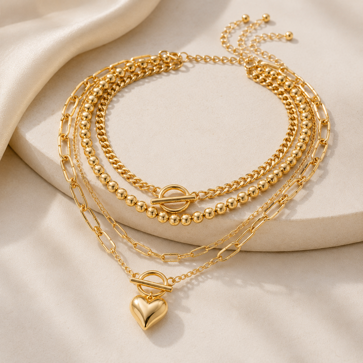 Golden Heart Shaped Beaded Multi-layer Necklace