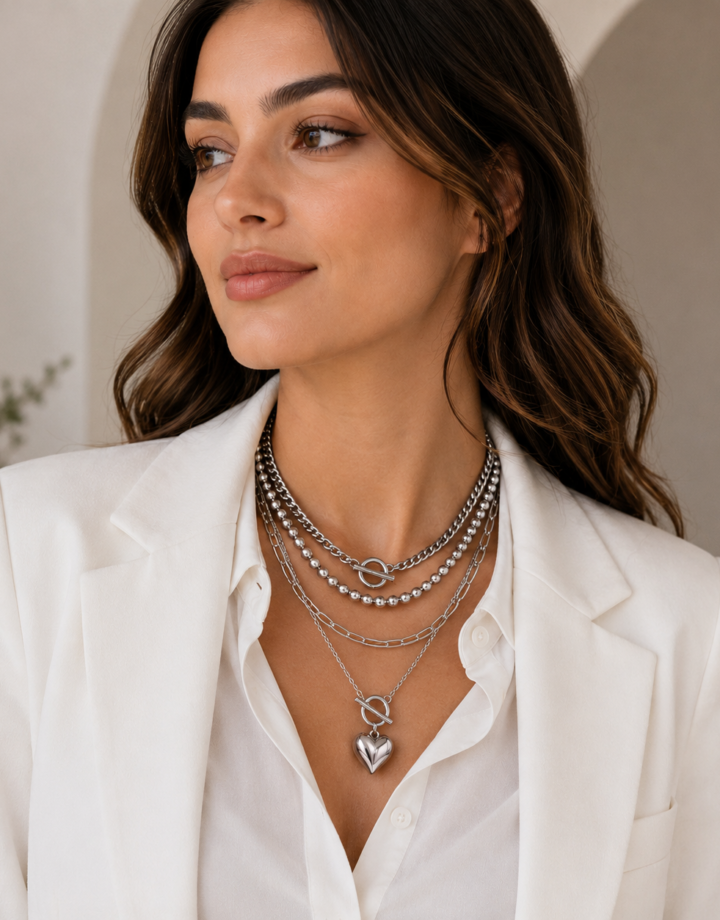 White love Heart-shaped Beaded Multi-layer Necklace