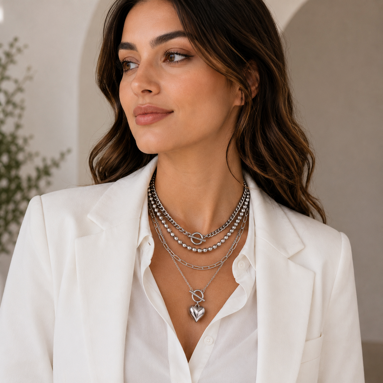White love Heart-shaped Beaded Multi-layer Necklace - Image 4